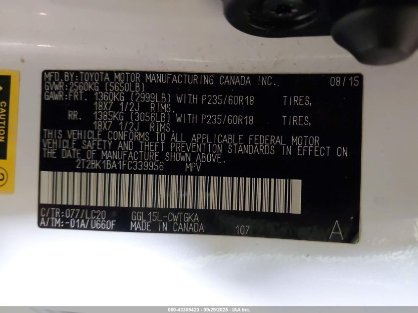 2015 Lexus Rx 350 VIN: 2T2BK1BA1FC339956 Lot: 43305423