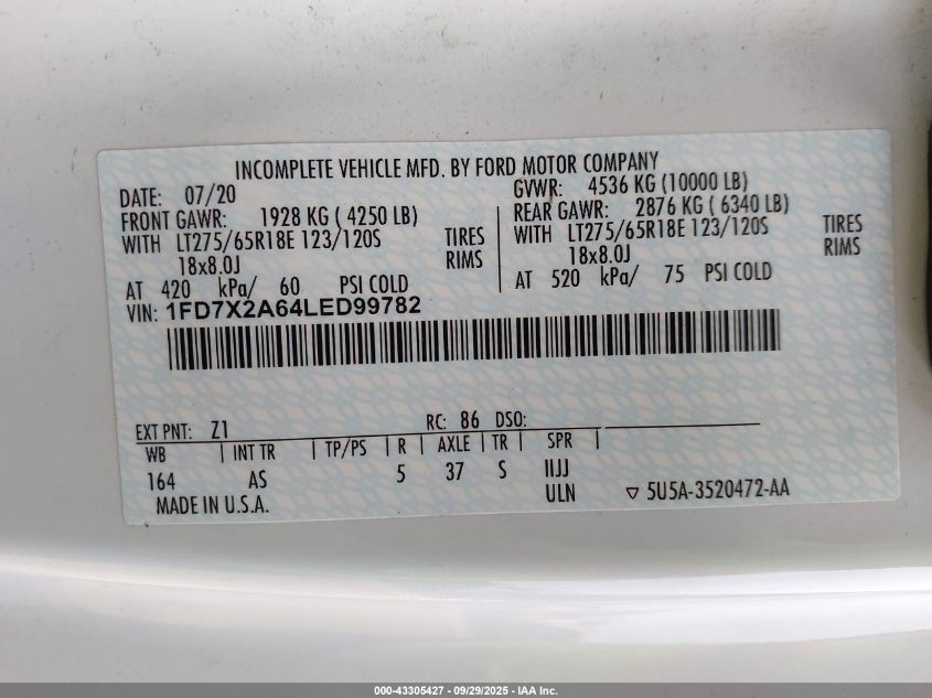 2020 Ford F-250 Xl VIN: 1FD7X2A64LED99782 Lot: 43305427