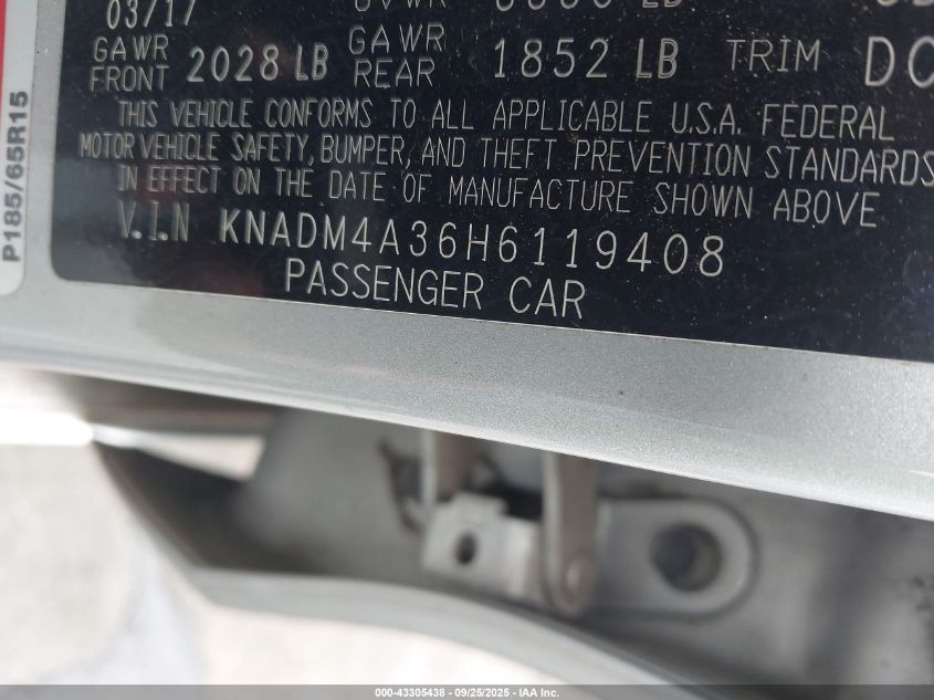 2017 Kia Rio Lx VIN: KNADM4A36H6119408 Lot: 43305438