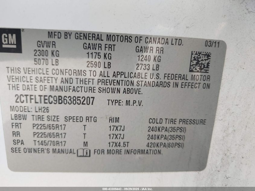 2011 GMC Terrain Sle-2 VIN: 2CTFLTEC9B6385207 Lot: 43305443