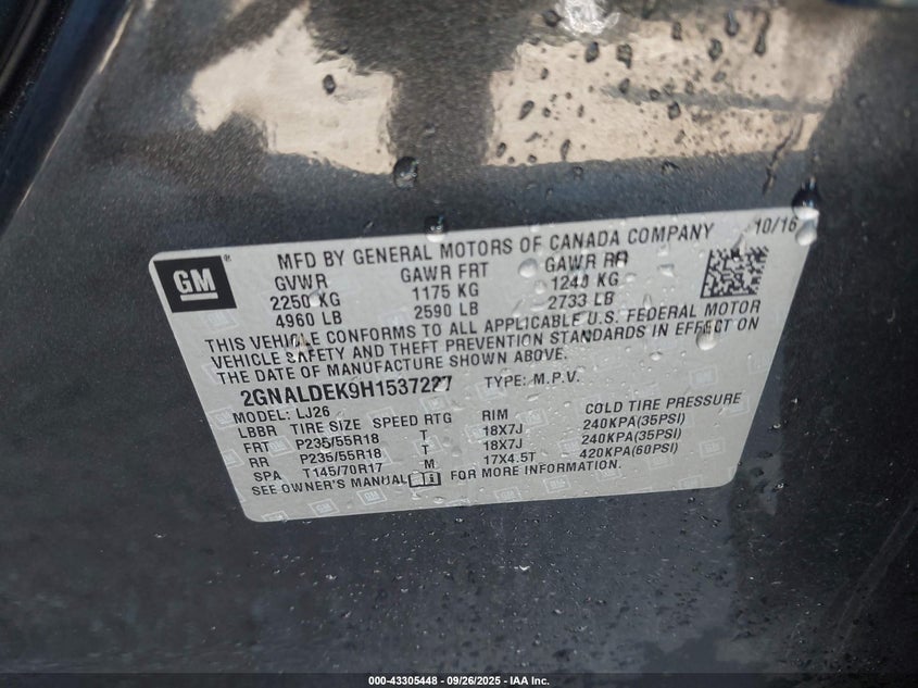 2017 Chevrolet Equinox Premier VIN: 2GNALDEK9H1537227 Lot: 43305448