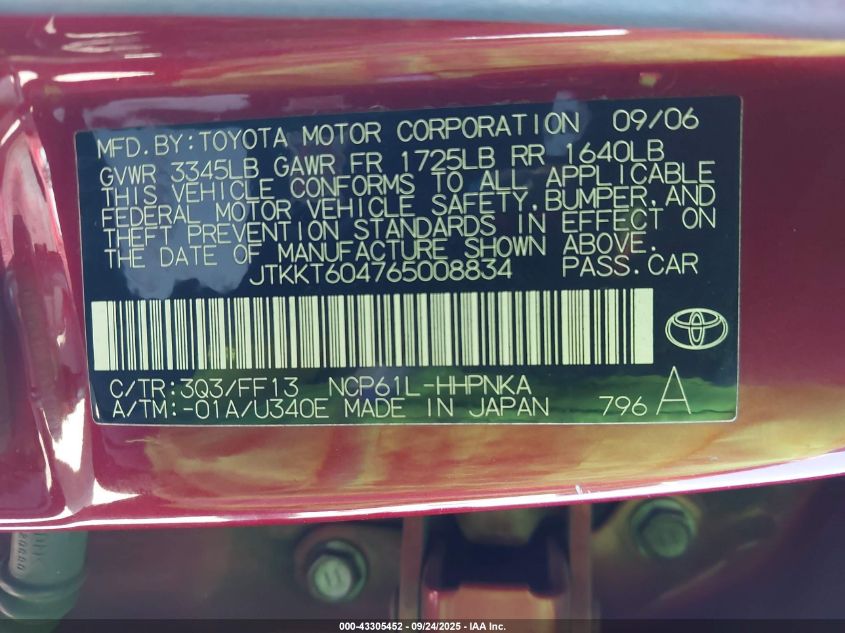 2006 Scion Xa VIN: JTKKT604765008834 Lot: 43305452