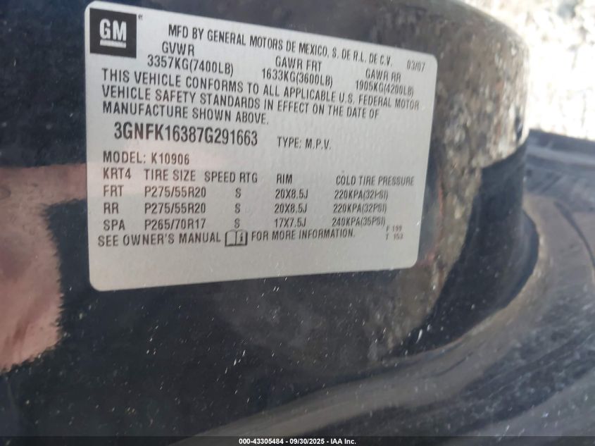 2007 Chevrolet Suburban 1500 Ltz VIN: 3GNFK16387G291663 Lot: 43305484