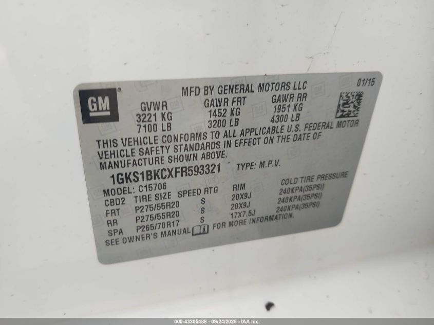 2015 GMC Yukon Slt VIN: 1GKS1BKCXFR593321 Lot: 43305488