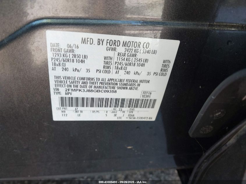 2016 Ford Edge Sel VIN: 2FMPK3J88GBC09358 Lot: 43305493