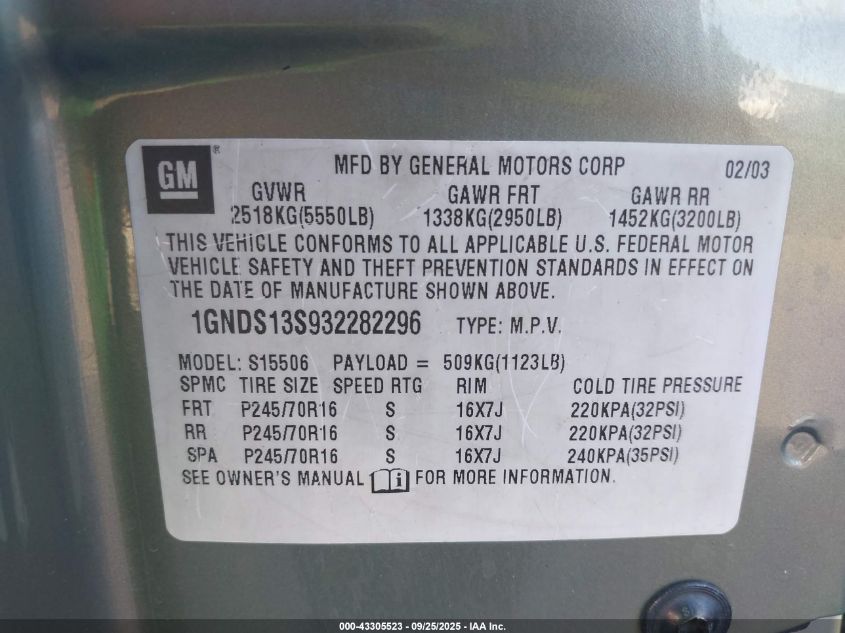 2003 Chevrolet Trailblazer Ls VIN: 1GNDS13S932282296 Lot: 43305523