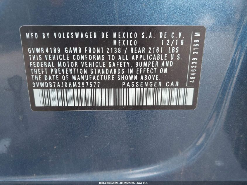 2017 Volkswagen Jetta 1.4T Se VIN: 3VWDB7AJ0HM297577 Lot: 43305529