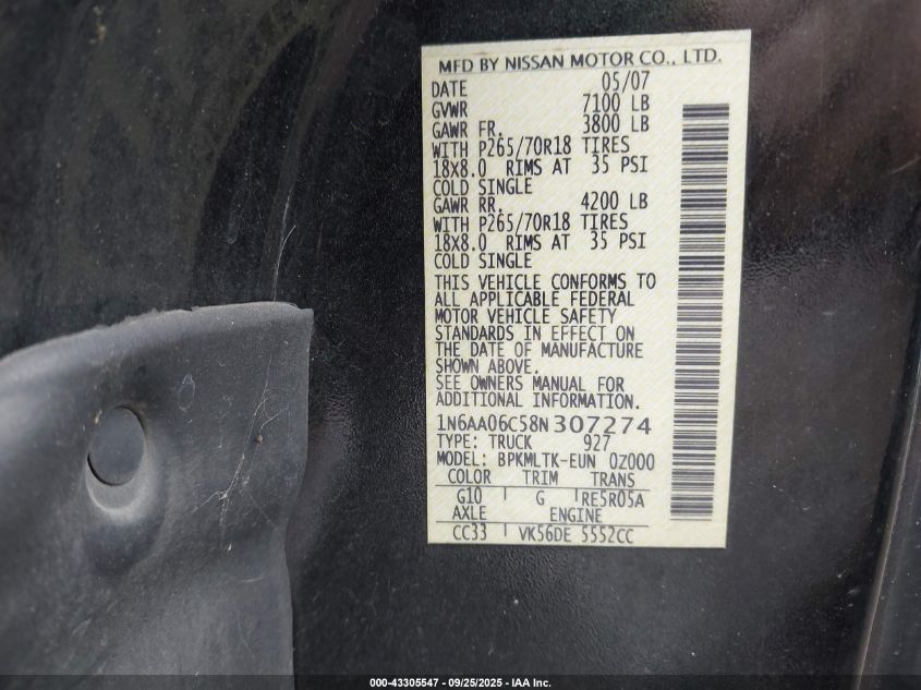 2008 Nissan Titan Se VIN: 1N6AA06C58N307274 Lot: 43305547