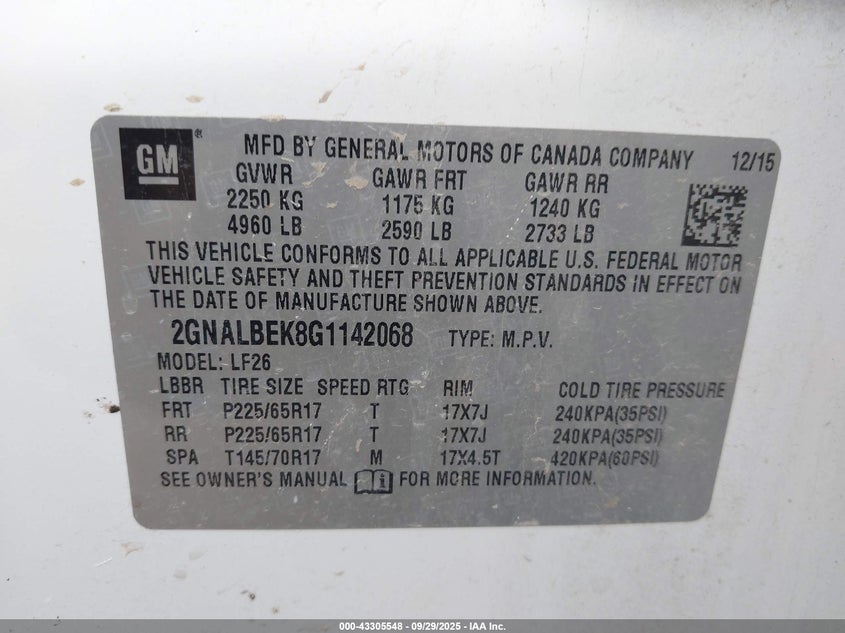 2016 CHEVROLET EQUINOX L 2GNALBEK8G1142068