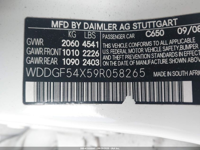 2009 Mercedes-Benz C 300 Luxury/Sport VIN: WDDGF54X59R058265 Lot: 43305560