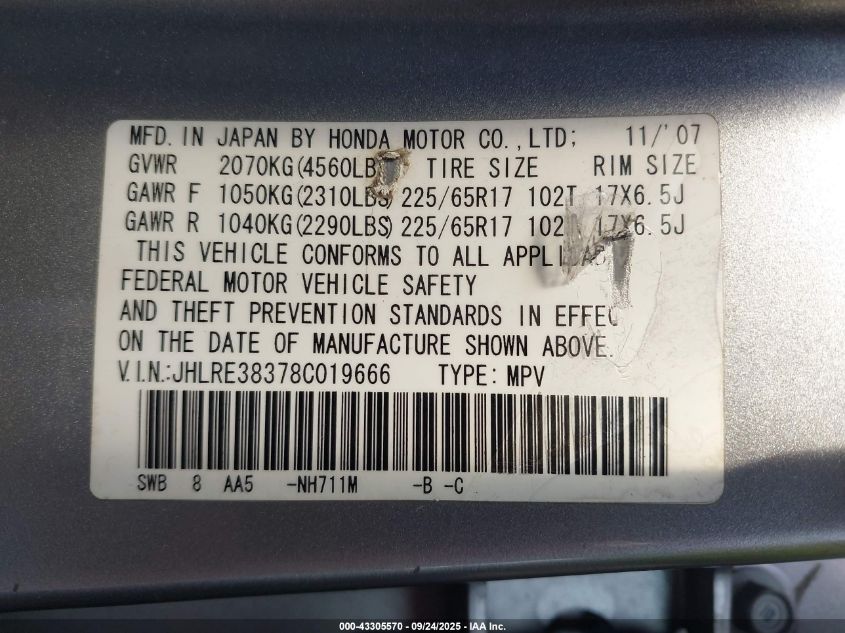 2008 Honda Cr-V Lx VIN: JHLRE38378C019666 Lot: 43305570
