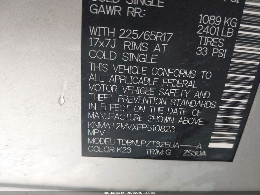 2015 Nissan Rogue S/Sl/Sv VIN: KNMAT2MVXFP510823 Lot: 43305612