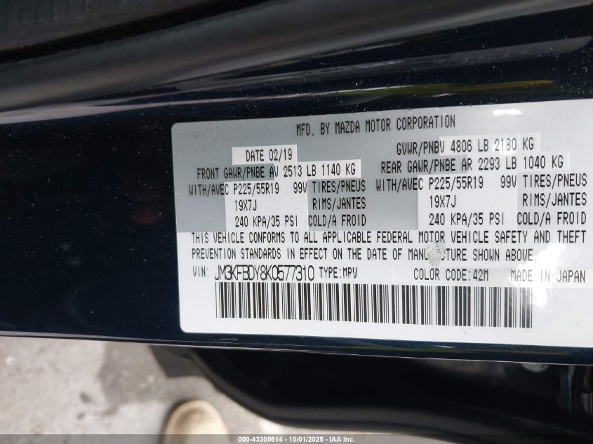 2019 Mazda Cx-5 Grand Touring Reserve VIN: JM3KFBDY8K0577310 Lot: 43305614