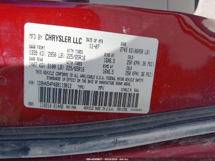 2008 Dodge Grand Caravan Sxt VIN: 1D8HN54P48B119812 Lot: 43305637