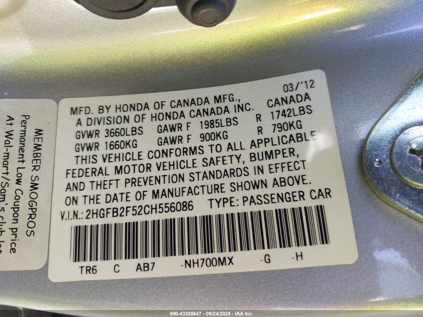 2012 Honda Civic Lx VIN: 2HGFB2F52CH556086 Lot: 43305647