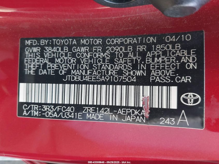 2010 Toyota Corolla Le VIN: JTDBU4EE5A9107504 Lot: 43305648