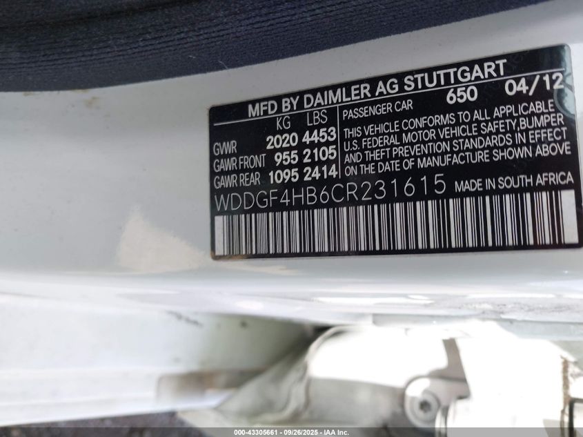 2012 Mercedes-Benz C 250 Sport VIN: WDDGF4HB6CR231615 Lot: 43305661