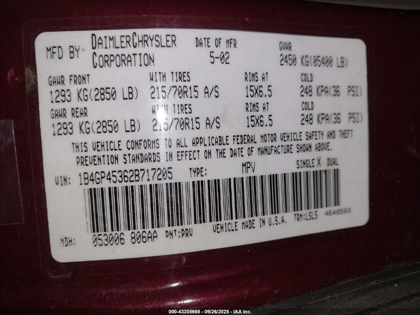 2002 Dodge Caravan Sport VIN: 1B4GP45362B717205 Lot: 43305666