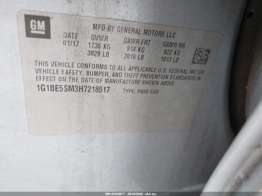2017 Chevrolet Cruze Lt Auto VIN: 1G1BE5SM3H7218517 Lot: 43305677