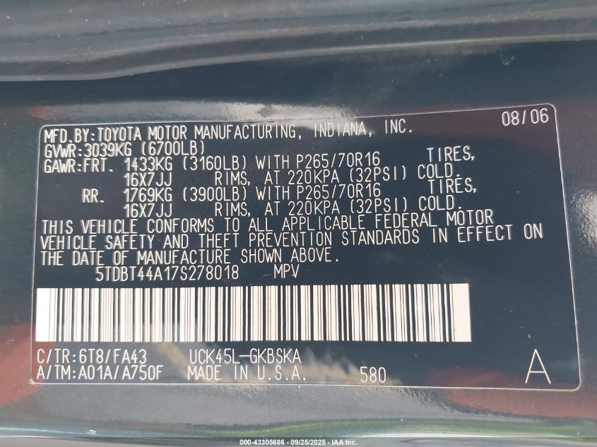 2007 Toyota Sequoia Sr5 V8 VIN: 5TDBT44A17S278018 Lot: 43305686
