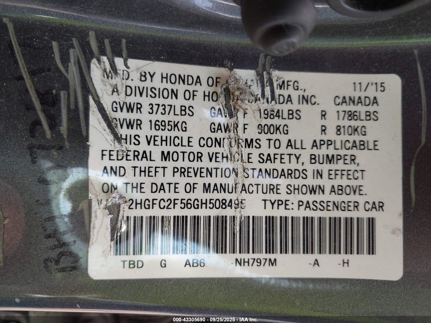 2016 HONDA CIVIC LX - 2HGFC2F56GH508495
