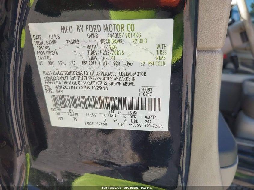 2009 Mercury Mariner Premier VIN: 4M2CU87729KJ12944 Lot: 43305703