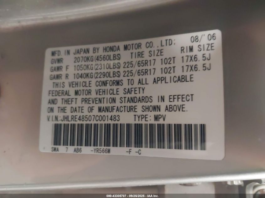 2007 Honda Cr-V Ex VIN: JHLRE48507C001483 Lot: 43305707