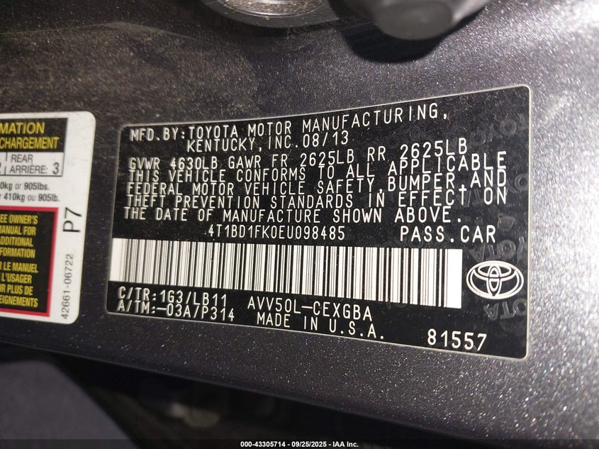 2014 TOYOTA CAMRY HYBRID XLE - 4T1BD1FK0EU098485