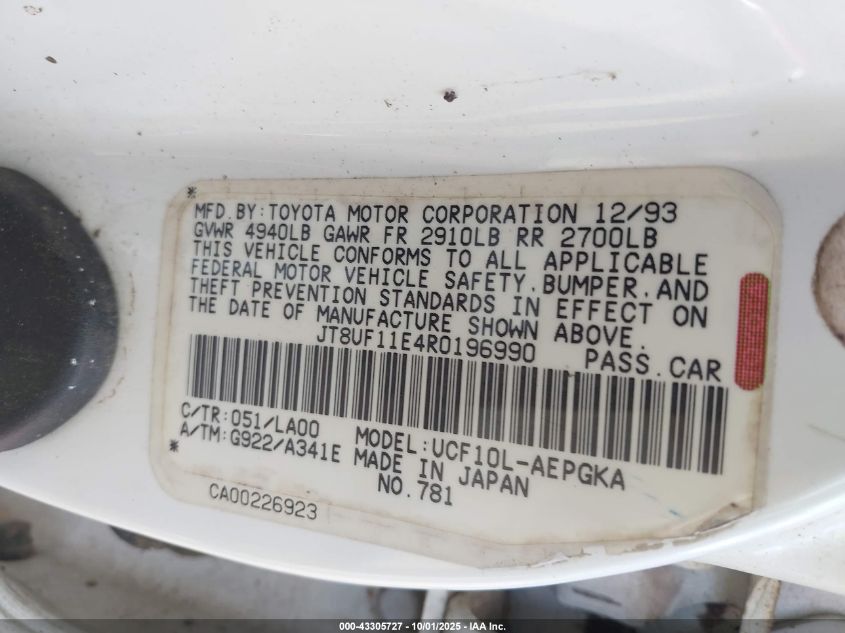 1994 Lexus Ls 400 VIN: JT8UF11E4R0196990 Lot: 43305727