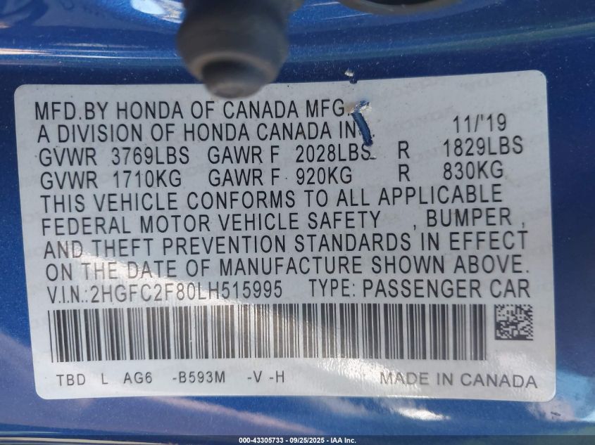 2020 Honda Civic Sport VIN: 2HGFC2F80LH515995 Lot: 43305733