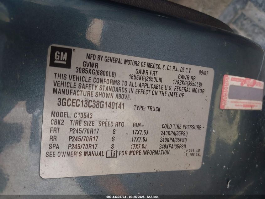 2008 Chevrolet Silverado 1500 Ls VIN: 3GCEC13C38G140141 Lot: 43305734
