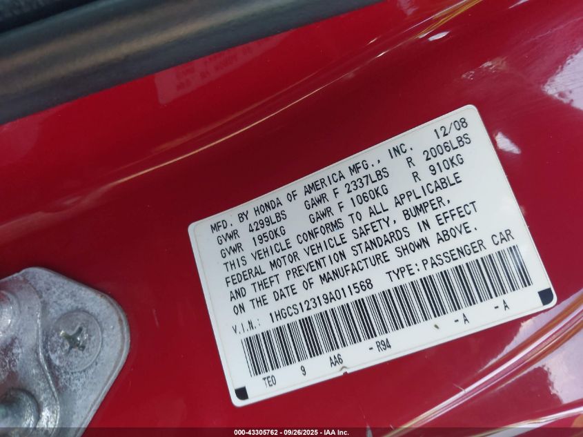 2009 Honda Accord 2.4 Lx-S VIN: 1HGCS12319A011568 Lot: 43305762