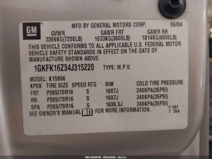 2004 GMC Yukon Xl 1500 Sle VIN: 1GKFK16Z34J315220 Lot: 43305765