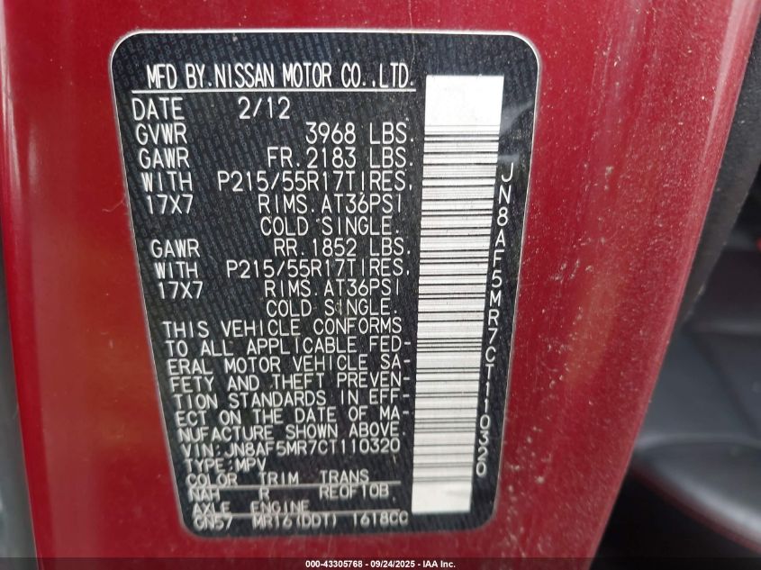 2012 Nissan Juke Sl VIN: JN8AF5MR7CT110320 Lot: 43305768