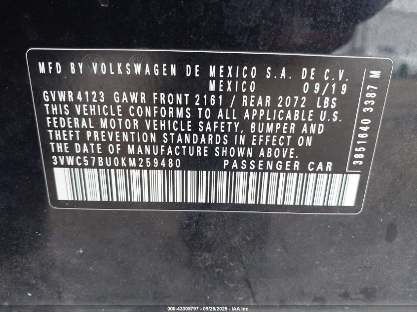 2019 Volkswagen Jetta 1.4T R-Line/1.4T S/1.4T Se VIN: 3VWC57BU0KM259480 Lot: 43305797