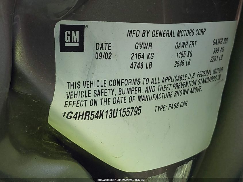 2003 Buick Lesabre Limited VIN: 1G4HR54K13U155795 Lot: 43305807