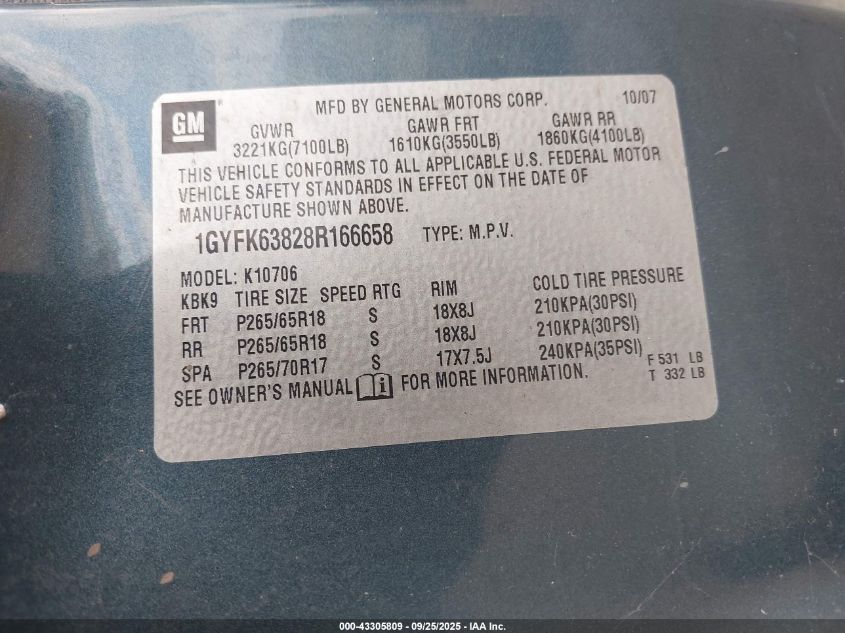 2008 Cadillac Escalade Standard VIN: 1GYFK63828R166658 Lot: 43305809