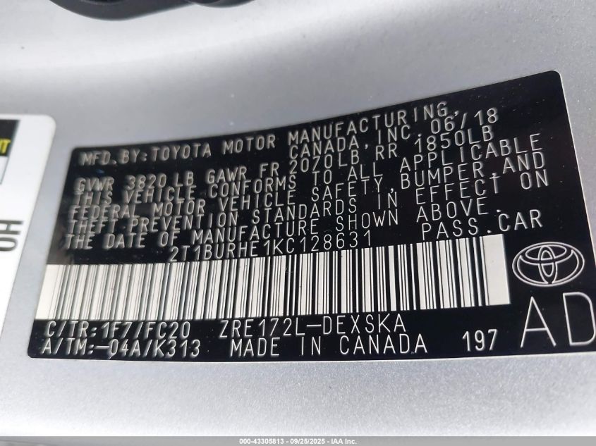 2019 Toyota Corolla Se VIN: 2T1BURHE1KC128631 Lot: 43305813