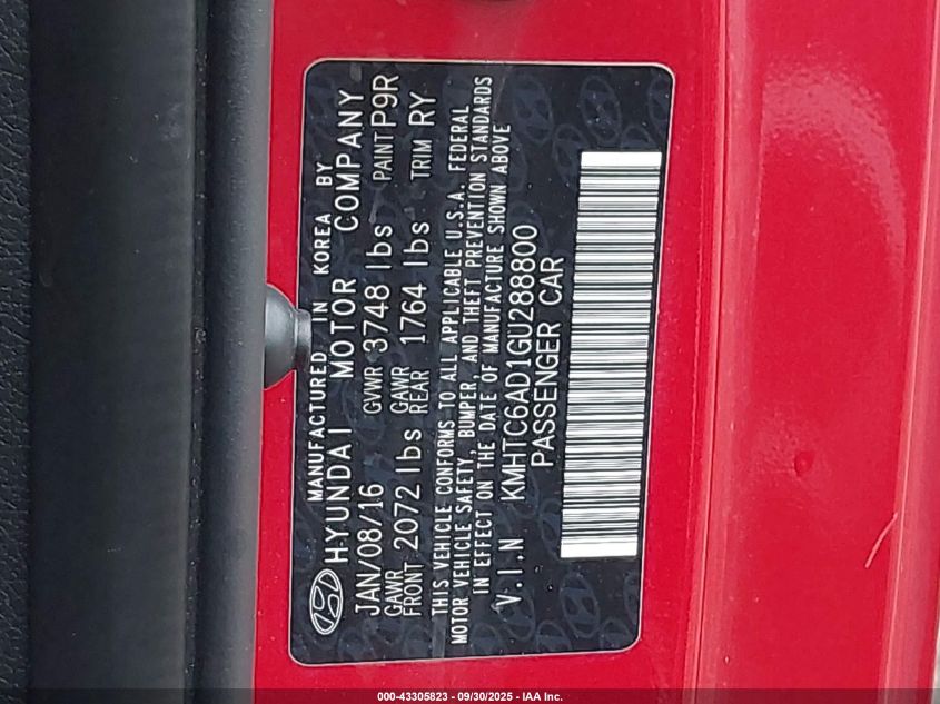 2016 Hyundai Veloster VIN: KMHTC6AD1GU288800 Lot: 43305823