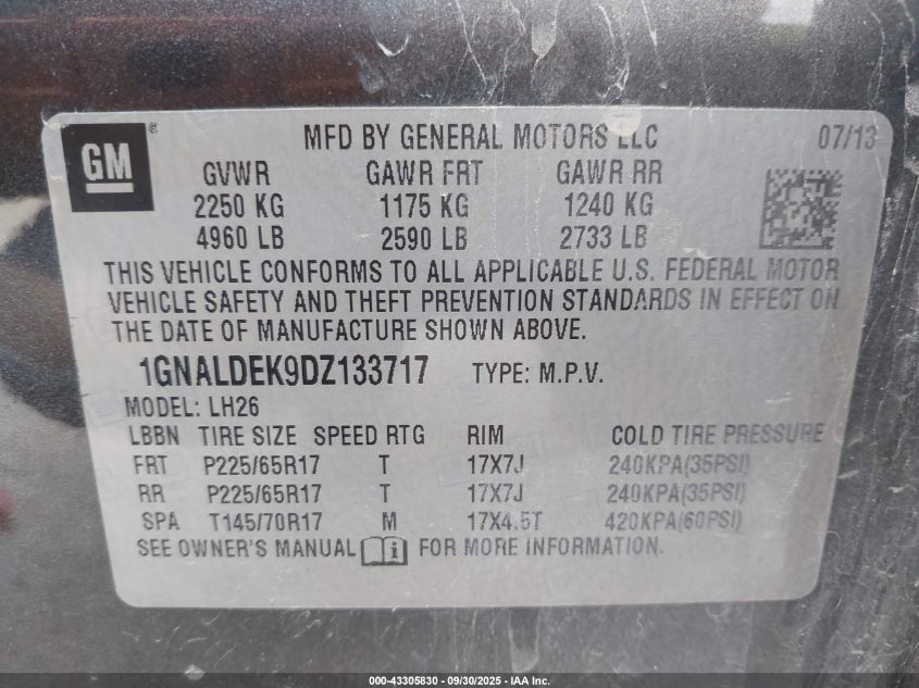 2013 Chevrolet Equinox 1Lt VIN: 1GNALDEK9DZ133717 Lot: 43305830