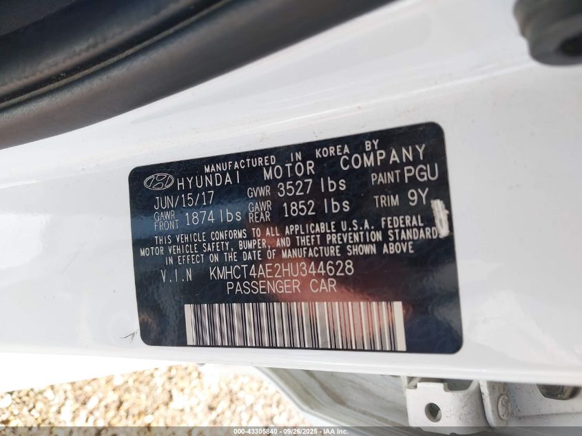 2017 Hyundai Accent Value Edition VIN: KMHCT4AE2HU344628 Lot: 43305840