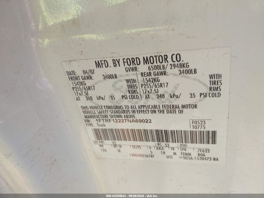 2007 Ford F-150 Stx/Xl/Xlt VIN: 1FTRF12227NA69022 Lot: 43305843