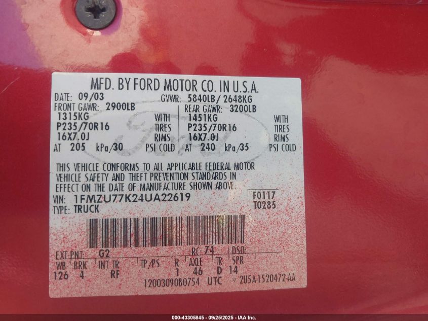 2004 Ford Explorer Sport Trac Adrenalin/Xls/Xlt VIN: 1FMZU77K24UA22619 Lot: 43305845