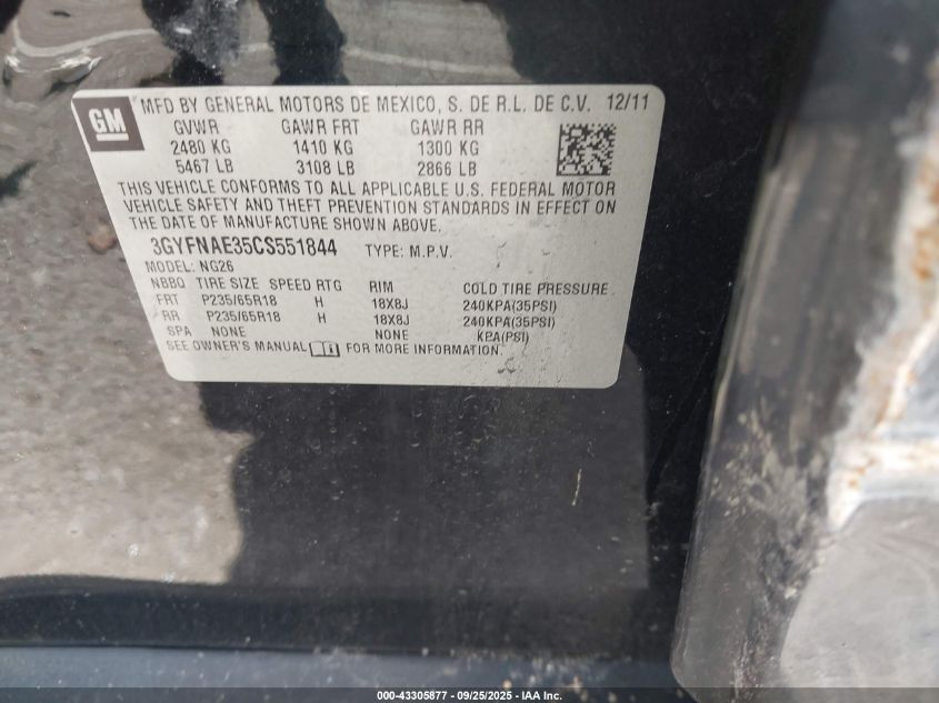 2012 Cadillac Srx Luxury Collection VIN: 3GYFNAE35CS551844 Lot: 43305877