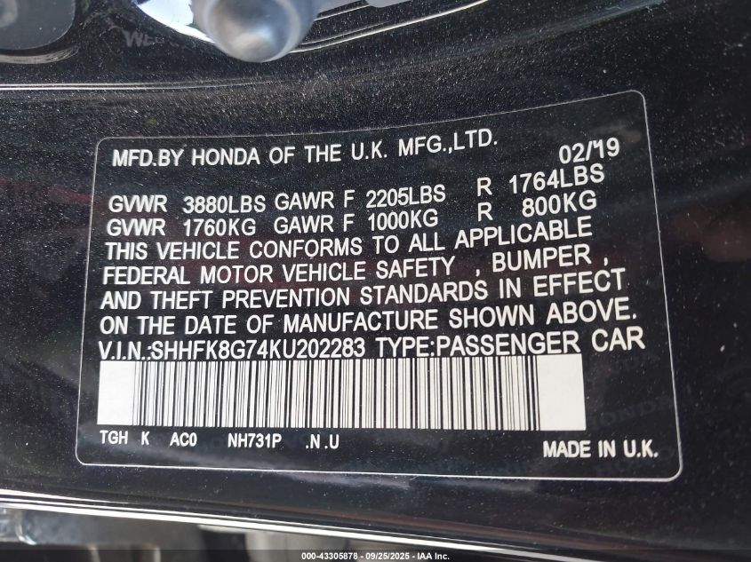2019 Honda Civic Type R Touring VIN: SHHFK8G74KU202283 Lot: 43305878