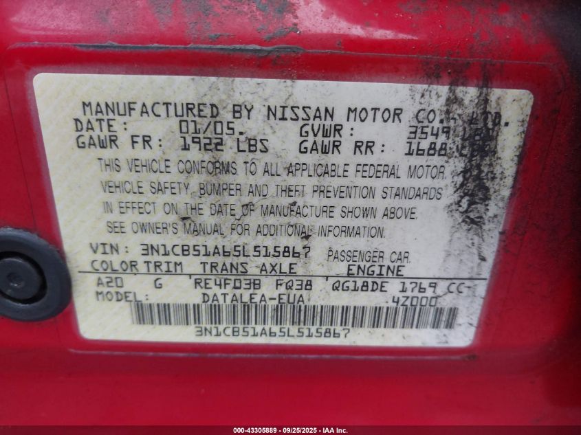 2005 Nissan Sentra 1.8S VIN: 3N1CB51A65L515867 Lot: 43305889