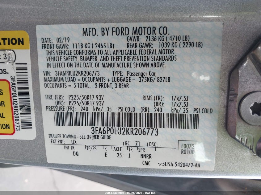 2019 FORD FUSION HYBRID SE - 3FA6P0LU2KR206773