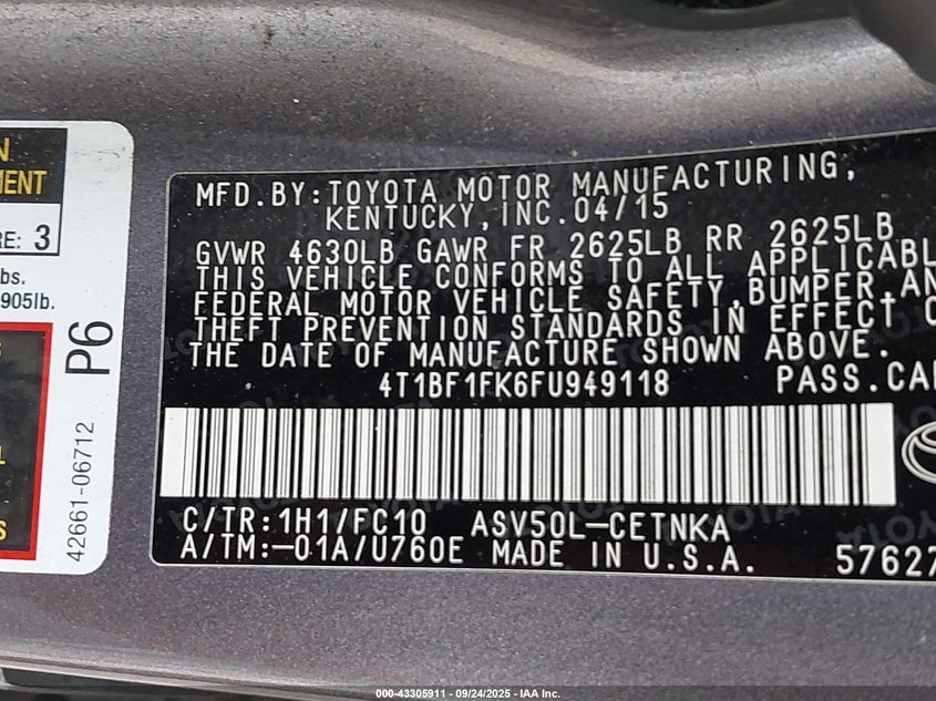 2015 TOYOTA CAMRY LE - 4T1BF1FK6FU949118