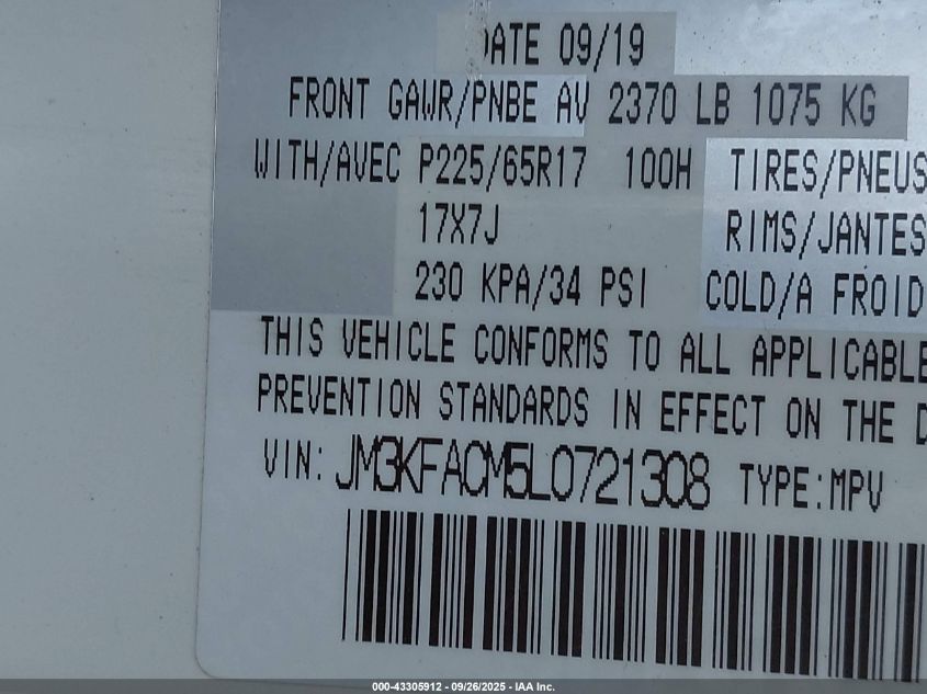 2020 Mazda Cx-5 Touring VIN: JM3KFACM5L0721308 Lot: 43305912