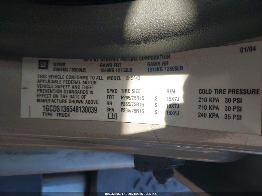 2004 Chevrolet Colorado Ls VIN: 1GCDS136548130039 Lot: 43305917